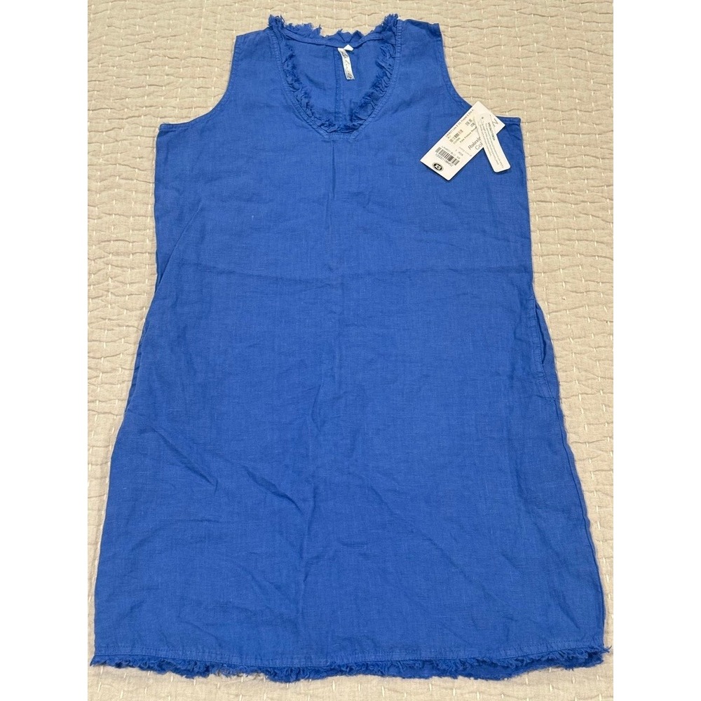 Lulu-B Sleeveless Linen Shift Dress XS S Blue Nautical Coastal Chic Resort Beach